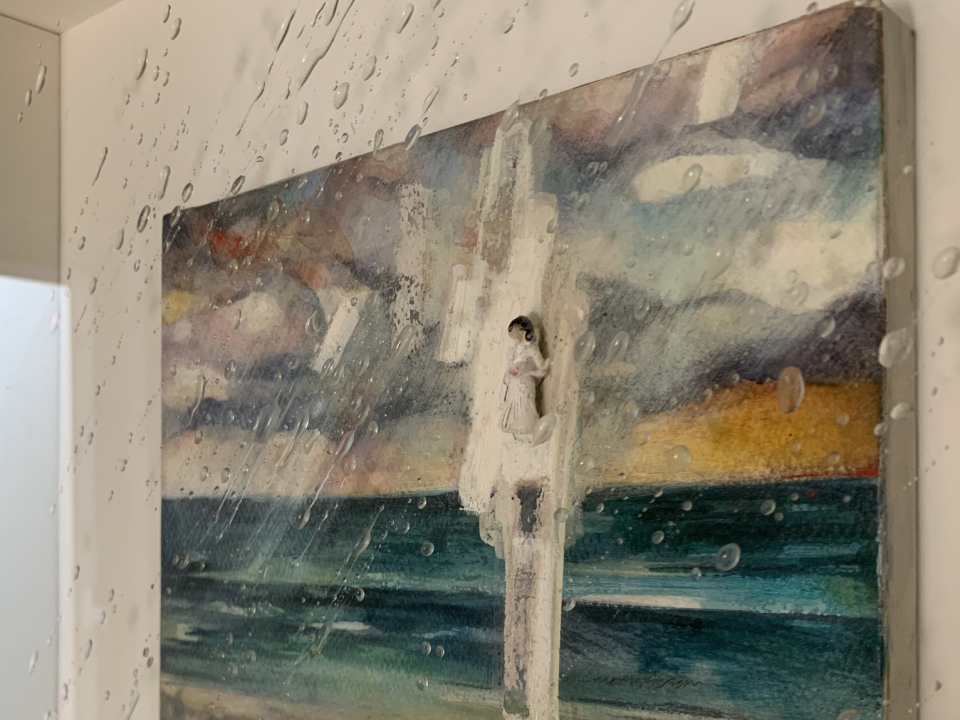 The Ascension, 44x38cm, Watercolour, oil figurine, resin on stretched paper panel (Framed)